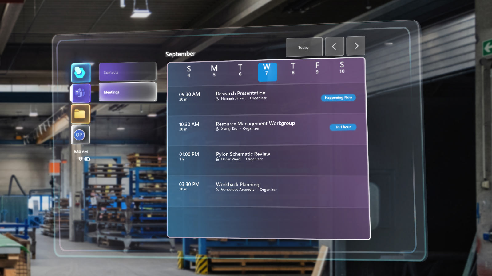 Uma exibição de calendário holográfico mostrando todas as reuniões de determinado dia como botões selecionáveis que podem ser usados para ingressar em uma reunião do Microsoft Teams por meio do Dynamics 365 Guides no HoloLens 2.